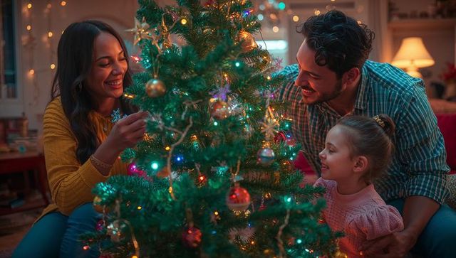 Family Joyfully Decorating Christmas Tree in Festive Living Room