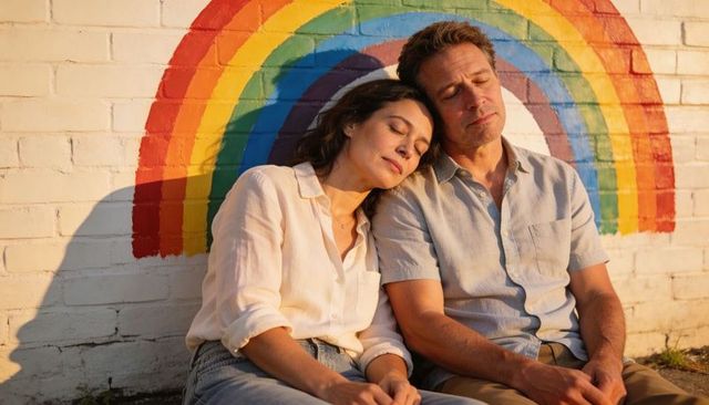 Middle-aged couple leaning together against rainbow mural on white brick wall at sunset
