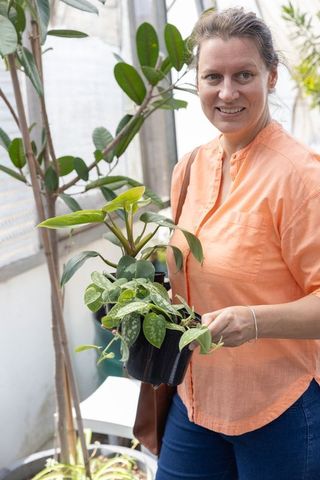 Mature woman holding potted houseplants in bright greenhouse wearing orange shirt and jeans