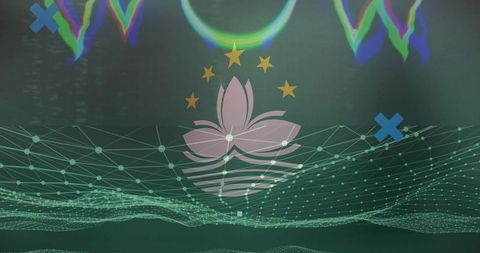 Holographic lotus emblem over teal wireframe mesh with five golden stars, neon data art