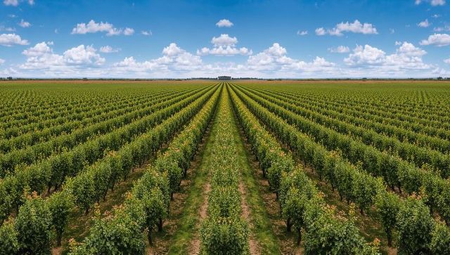 Symmetrical orchard rows converging toward horizon under blue sky