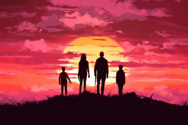 Illustration depicts a family of four silhouetted against a vibrant sunset, standing on a hilltop. Suitable for use in family-oriented content, sunset themes, nature and landscape illustrations, conveying messages of togetherness, bonding, and outdoor activities. Ideal for websites, social media posts, posters, and editorial use focused on family and nature.