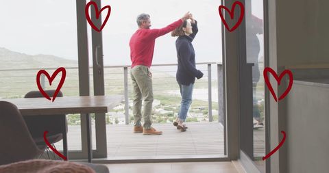 Happy Couple Dancing on Balcony with Hearts Illustration