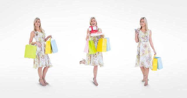 Blonde woman in floral dress happily holding shopping bags and gifts. Illustrates themes of fashion, consumerism, shopping spree, and joy. Useful for advertisements, retail promotions, fashion blogs, or social media content related to lifestyle and shopping.