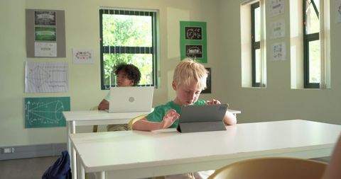 Elementary students using tablet and laptop in classroom learning math and digital skills