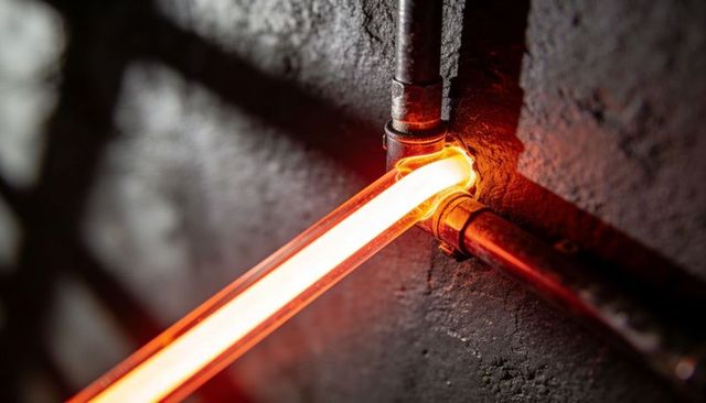 Industrial neon tube lighting casting orange glow across metal t-joint and concrete wall