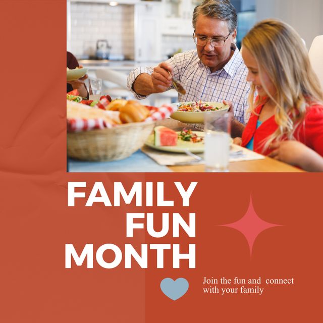 Caucasian father and daughter sharing a meal in a modern kitchen, emphasizing joy and family connection during Family Fun Month. Ideal for promotions related to family activities, magazines focusing on lifestyle, togetherness, and family events, or advertisements promoting family-oriented products and activities.