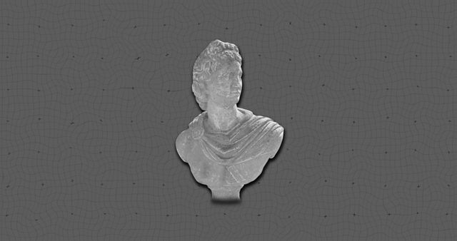 Depicts a marble sculpture bust presented against a textured grey background. Suitable for use in artistic design projects, history book illustrations, and vintage-themed decor. Ideal for promoting exhibitions or galleries related to classical art.