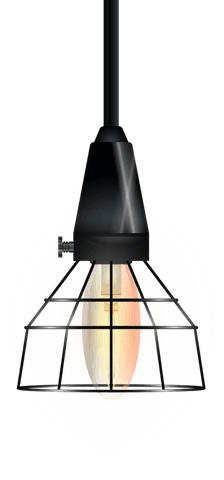 Industrial pendant lamp with caged bulb on transparent background