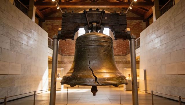 Cracked bronze bell hanging on wooden yoke in museum gallery with patina and inscription