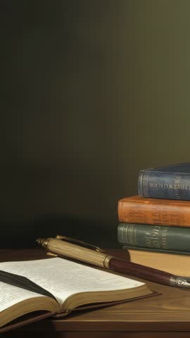 Vertical Video Showing Vintage Writing Tools: Open Notebook, Dip Pen, Quill, Stacked Books