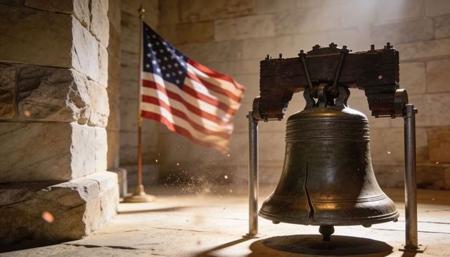 Cracked liberty bell replica swaying on wooden yoke in sunlit stone chamber with flag