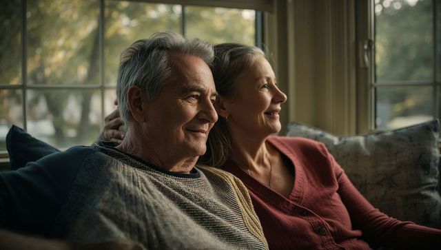 Senior couple sitting on sofa gazing through window sharing quiet cozy afternoon together