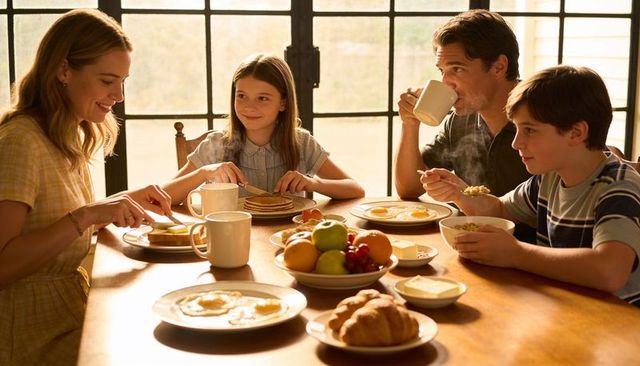 Sharing cozy family breakfast at sunlit window with pancakes eggs coffee and fruit