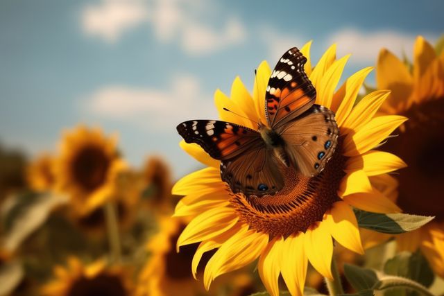 Perfect for illustrating beauty and wildlife, this image captures a monarch butterfly sitting on a vibrant yellow sunflower in full bloom. Ideal for nature blogs, educational material on butterflies, or garden enthusiast websites. It can also add a burst of color to social media posts or environmental awareness campaigns.