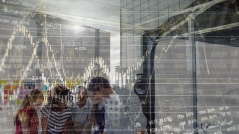 Business Team Brainstorming with Financial Graphs Overlay