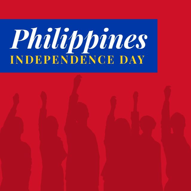 Digital composite image of philippines independence day text with people on red background. people, celebration, patriotism and identity concept.