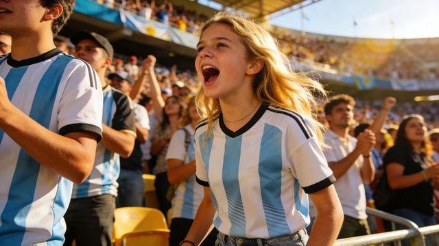 Blonde teen cheering in argentina striped jersey at crowded stadium during golden hour