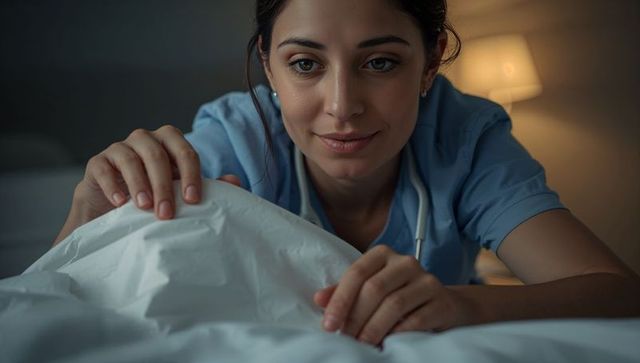 Night nurse tucking patient in and smoothing sheet with warm bedside care and calm focus