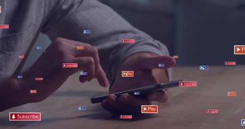 hands scrolling on smartphone with digital media icons overlay - Download Free Stock Images Pikwizard.com