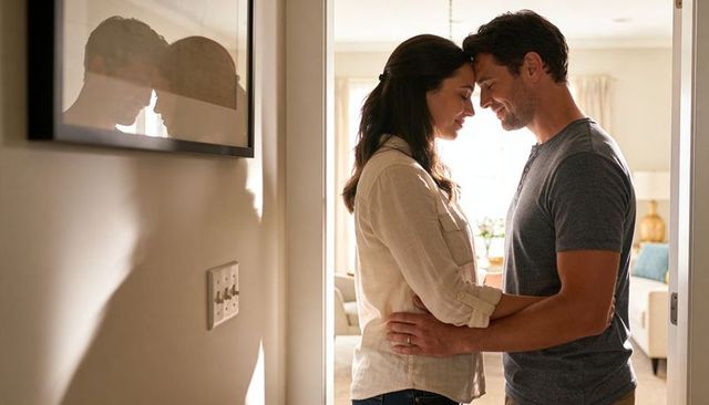 Sharing intimate morning embrace in sunlit living room doorway