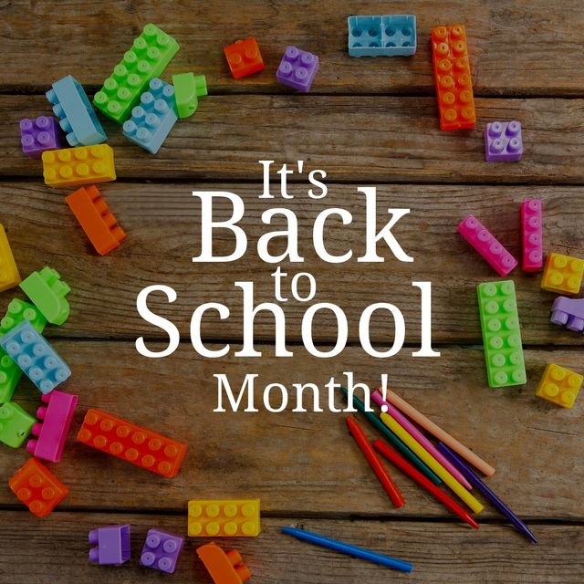 Composite of toy blocks with colored pencils and its's back to school month text on wooden table - Download Free Stock Videos Pikwizard.com
