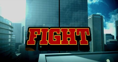 Digital Cityscape with Bold Fight Text Overlay