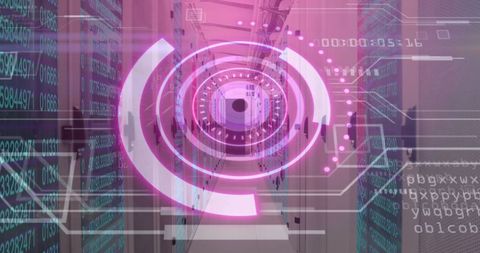 Futuristic Interface Over Data Center Aisle with Digital Overlay