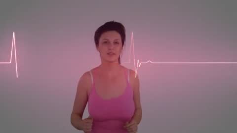 Woman jogging in place with glowing pink ECG waveform aligning with chest for heart health