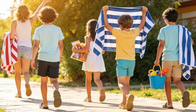 Kids walking with striped towels and sand toys on sunny summer neighborhood sidewalk