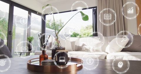 Stylish minimalist living room with digital technology overlay