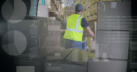 Delivery workers organizing packages amid digital financial visualization