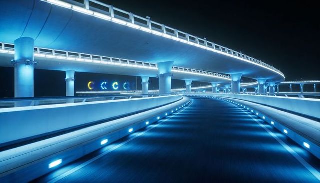 Cyan-lit elevated highway curving past illuminated overpasses and pillars at night