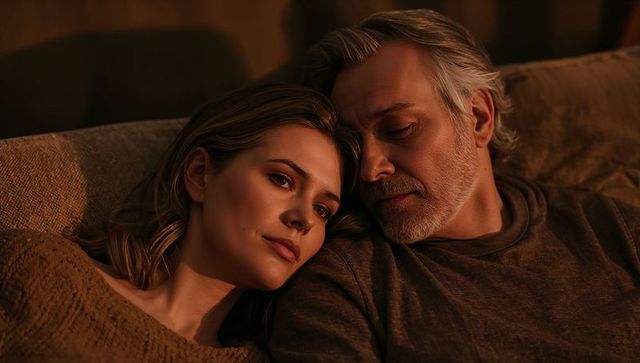 Couple relaxing on couch at sunset sharing intimate quiet moment of warmth and comfort