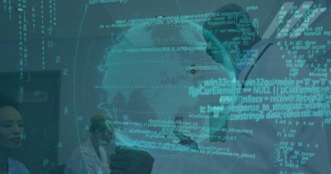 IT Team Collaborating with Digital Globe and Scrolling Code