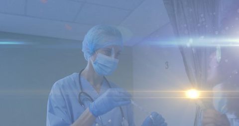 Medical professional in scrubs with mask amidst glowing light streams