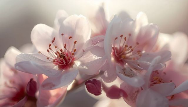 Blooming pale pink cherry blossoms with dew-kissed petals and sunlit bokeh