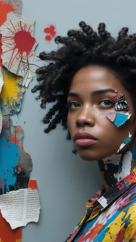 Model rotating head in vertical art portrait with torn collage, paint splashes, introspective gaze