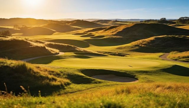 Golden-hour links golf course bathing in sunlight with rolling dunes, putting green, bunker
