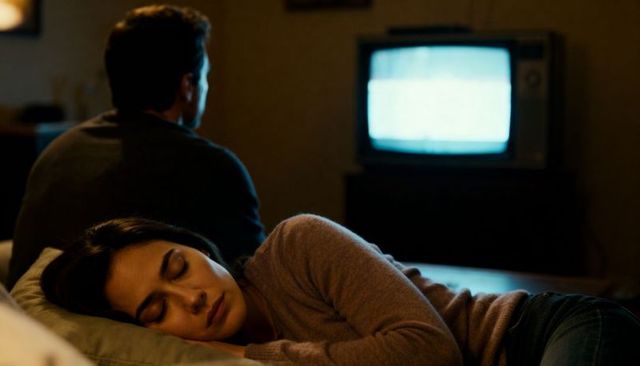 Couple drifting apart sleeping woman on couch while partner watching static tv