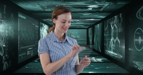 Businesswoman Using Tablet with Futuristic Digital Data Interface