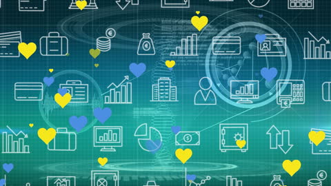 Digital Heart Icons Flow with Data and Technology on Green Background