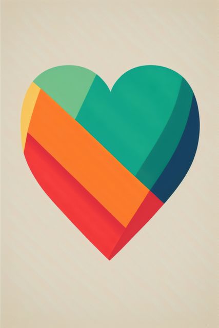 Colourful striped heart on blue background, created using generative ai technology. Retro, love and heart concept.