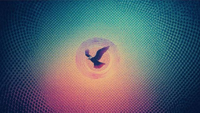 Vibrant bird in flight over textured mosaic gradient artwork
