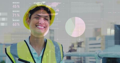 Female construction inspector elevated platform wearing hard hat and safety vest with hud
