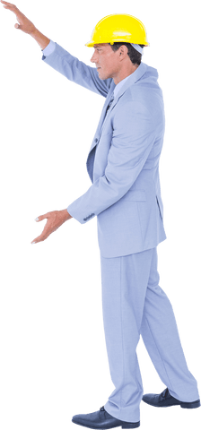 Transparent full length architect in suit wearing hard hat