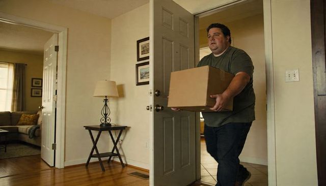 Man Carrying Cardboard Box Through Front Door During Moving Day Home Entry Foyer Interior