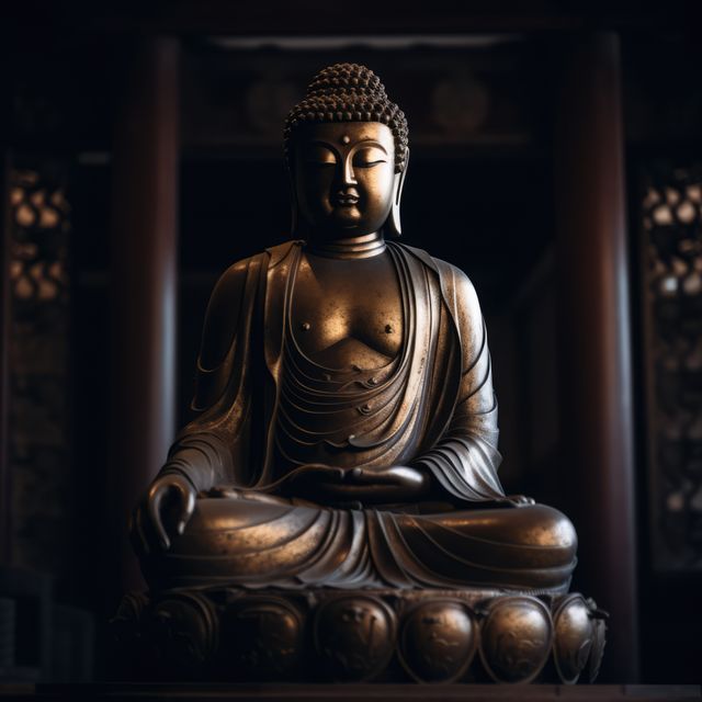 Buddha statue seated in meditation pose inside a dimly lit temple. The statue's serene expression and detailed features highlight spiritual themes and Asian cultural heritage. Ideal for illustrating concepts of meditation, inner peace, spirituality, or use in blogs, articles, religious publications, and educational materials.