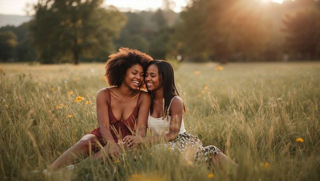 Black women leaning together in sunlit meadow sharing warm smiles and intimacy at sunset