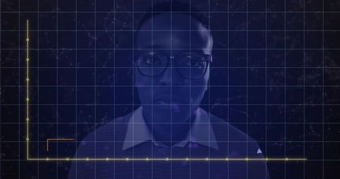 Professional man wearing glasses behind futuristic HUD grid with golden analytics overlay